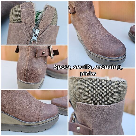 Brown Wedge Boots OTBT Descend Size 10 Distressed Leather Zip Buckle Fuzzy Lined - Picture 8 of 14
